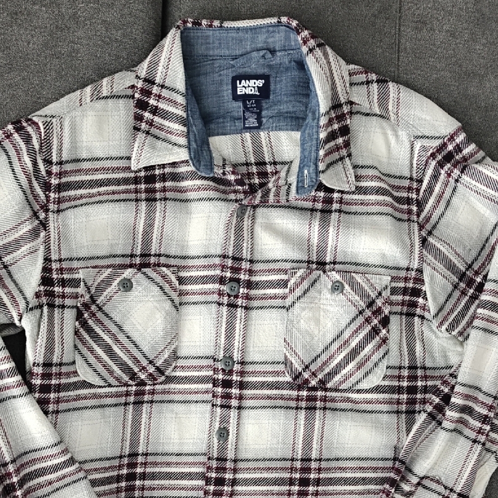 Lands' End Burgundy and Gray Plaid Shirt